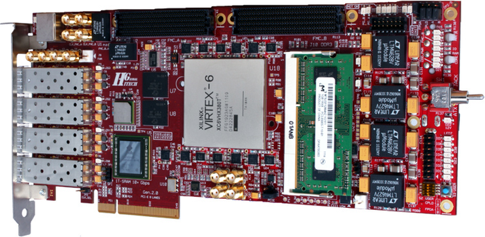4.27: Ο επιταχυντής σε ένα Ενσωματωμένο σύστημα, μπορεί να είναι μια κάρτα FPGA που συνδέεται στο δίαυλο του συστήματος. Εδώ φαίνεται η Virtex 6 FPGA κάρτα της Xilinx με διεπαφή PCI Express. Εικόνα από xilinx.com.