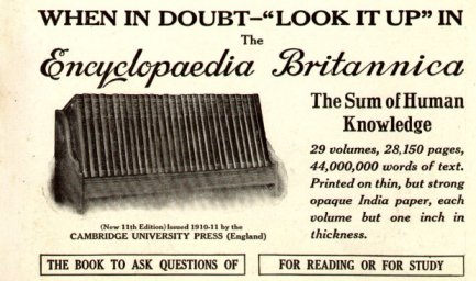 Διαφήμιση στο National Geographic (1913) για την Εγκυκλοπαίδεια Britannica που υπόσχεται την «ολότητα της ανθρώπινης γνώσης».