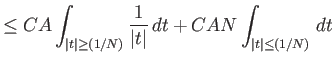 $\displaystyle \le CA \int_{{\left\vert{t}\right\vert}\ge(1/N)} \frac{1}{{\left\vert{t}\right\vert}}  dt + CAN \int_{{\left\vert{t}\right\vert}\le(1/N)} dt$