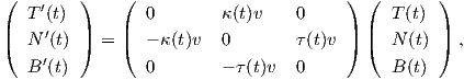 (  T ′(t) )    (  0       κ(t)v    0    )  (  T(t) )
|        |    |                        |  |       |
(  N ′(t) ) =  (  - κ(t)v 0        τ(t)v )  (  N(t) ) ,
   B ′(t)         0       - τ(t)v   0          B(t)
