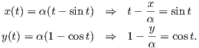 x(t) = α(t- sin t) ⇒   t - x-= sint
                          α
y(t) = α(1 - cost) ⇒   1 - y-=  cos t.
                          α
