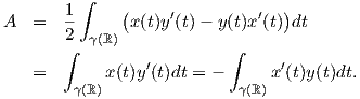        1 ∫    (                 )
A  =   --      x(t)y′(t) - y(t)x′(t) dt
       2∫  γ(ℝ )            ∫
                ′               ′
   =    γ(ℝ)x(t)y (t)dt = -  γ(ℝ)x (t)y(t)dt.
