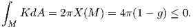 ∫
   KdA   = 2πX (M ) = 4π(1- g) ≤ 0.
 M  