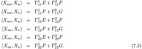 ⟨Xuu, Xu⟩  =   Γ 111E + Γ 211F
                1      2
⟨Xuu, Xv⟩  =   Γ11F + Γ11G
⟨X   ,X ⟩  =   Γ 1 E + Γ 2 F
   uv  u        12     12
⟨Xuv, Xv⟩  =   Γ 112F + Γ 212G
                1      2
⟨Xvv, Xu⟩  =   Γ22E + Γ22F
⟨Xvv, Xv⟩  =   Γ 122F + Γ 222G.                           (7.3)
