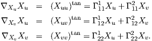 ∇XuXu    =  (Xuu )tan = Γ 111Xu + Γ 211Xv
                 tan    1       2
∇Xv Xu   =  (Xuv)   = Γ 12Xu + Γ12Xv
∇Xv Xv   =  (Xvv)tan = Γ 122Xu + Γ 222Xv.
